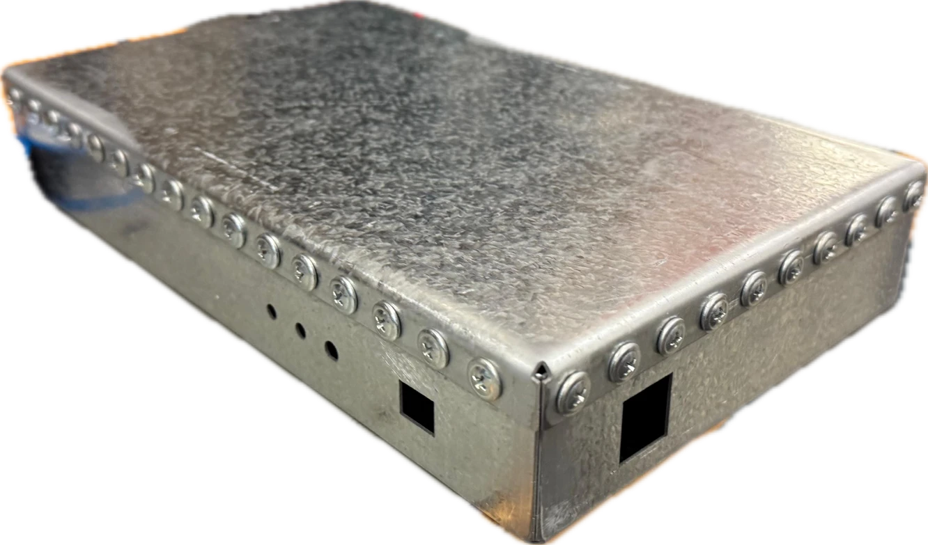 Fabricated galvanized-steel enclosure with closely spaced lid screws and connector openings